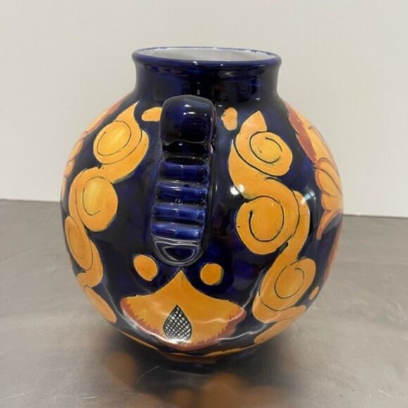 Castillo Hecho En Mexico Handmade Handled Urn Pot Red Clay Cobalt Yellow Flowers - Picture 2 of 6